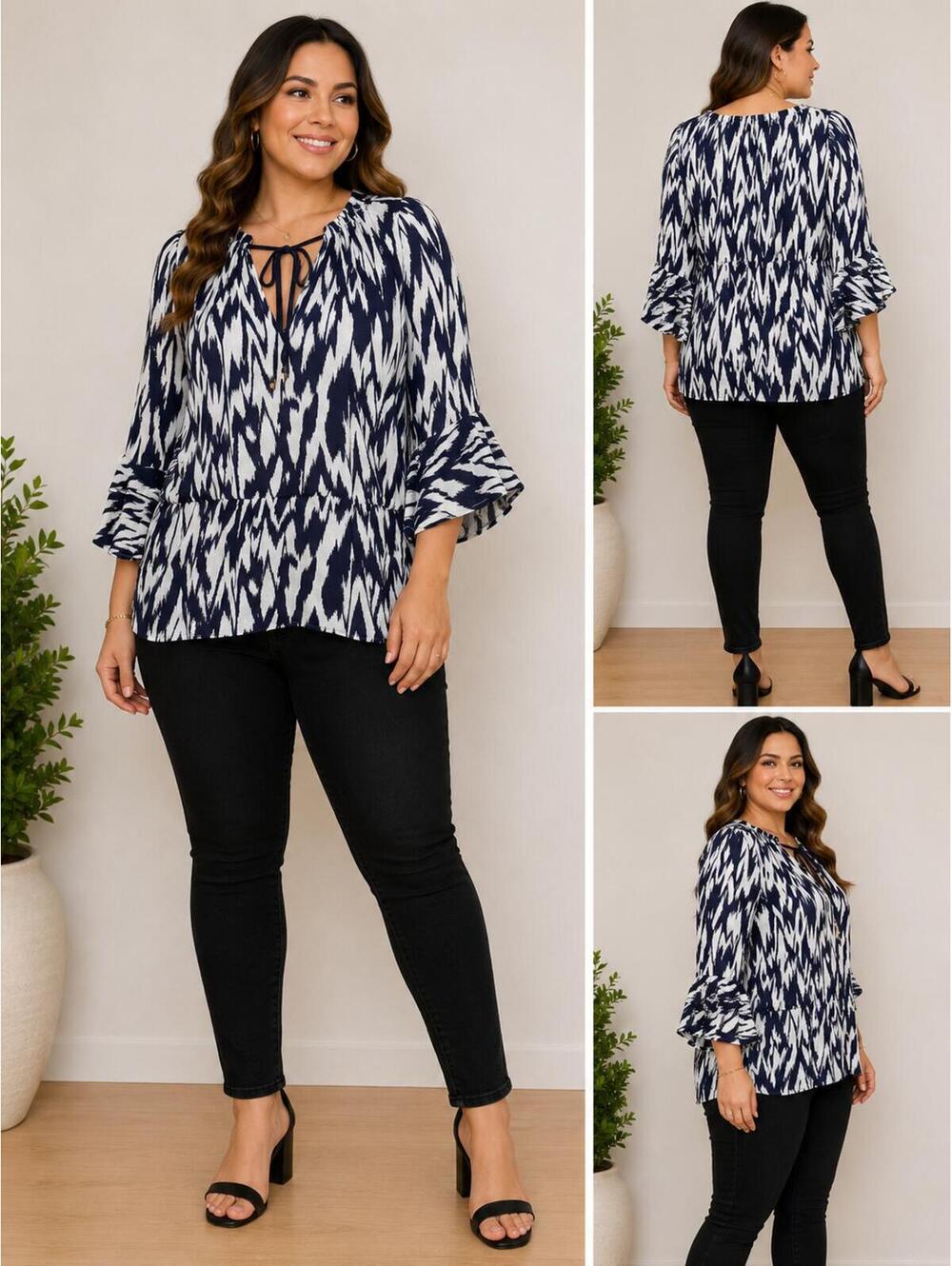 Anne Cole Navy and White‎ Ikat Tie Neck Blouse